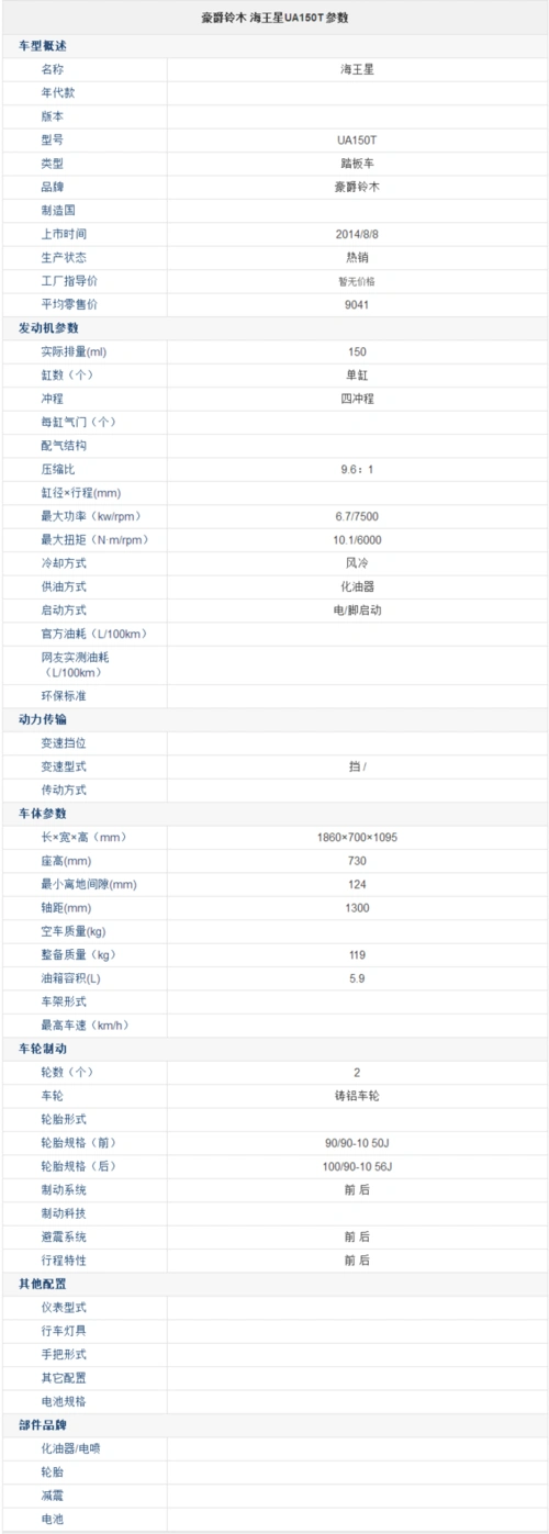 海王星ua150t摩托车详细配置】豪爵铃木 海王星ua150t车型资料_豪爵