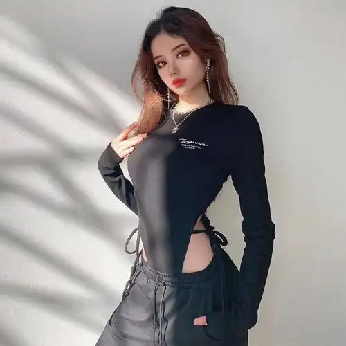 weekeep百搭跳舞高叉修身性感女性连体衣长袖打底t恤