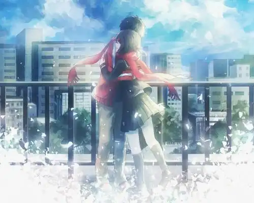 动漫壁纸是一对男女背靠背的 背景是在星空下的平原(有石头),很久以前