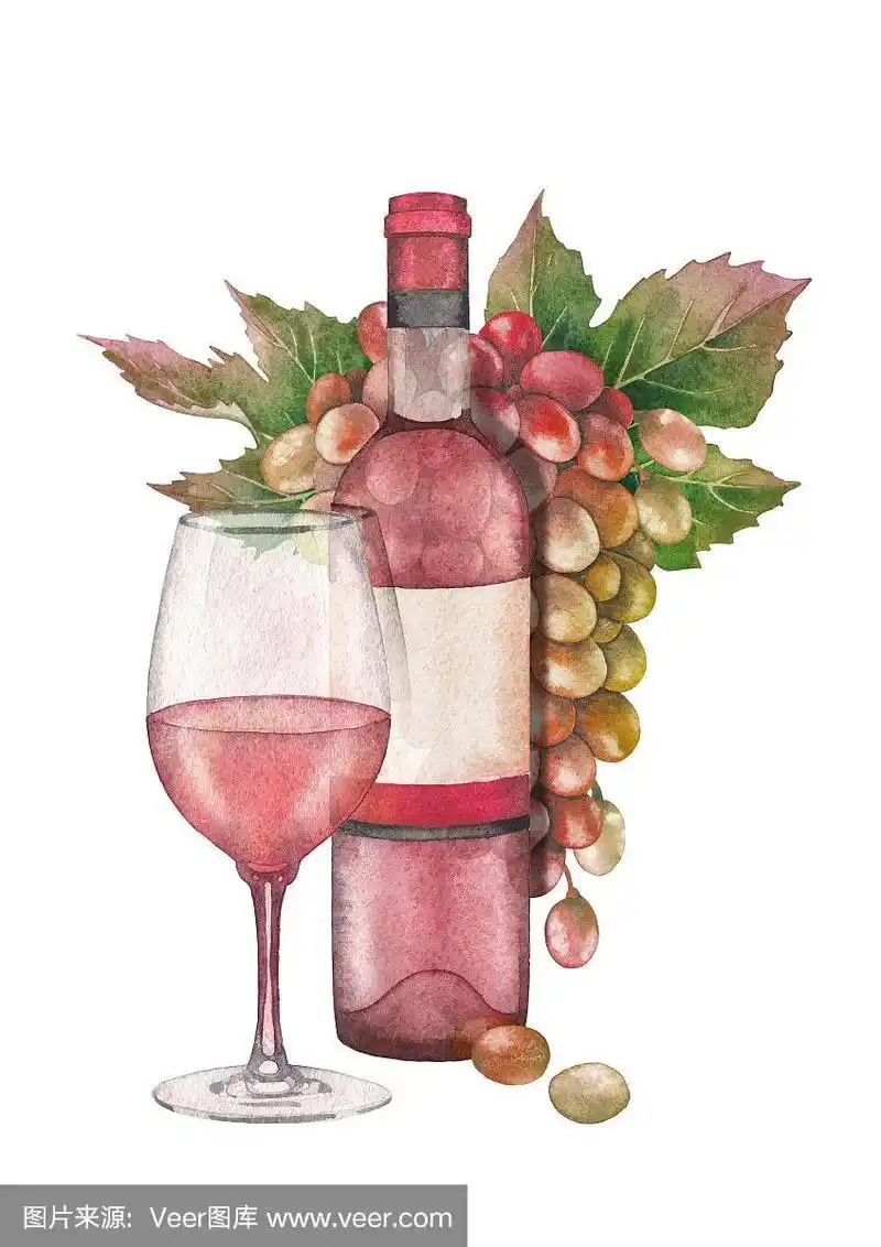 水彩玻璃玫瑰葡萄酒,瓶子和串白和红葡萄