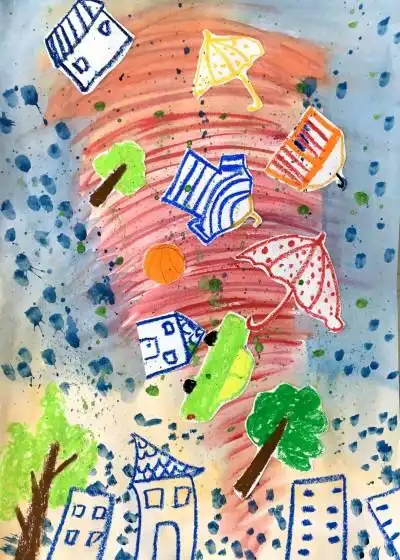 课题:《龙卷风来啦》知识点:1.了解大自然灾害 2.弧线练习 3.水油分离