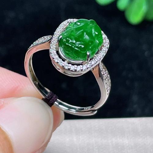 一手货源 925银镶嵌 满绿 貔貅戒指 招财 天然翡翠a货 支持复检