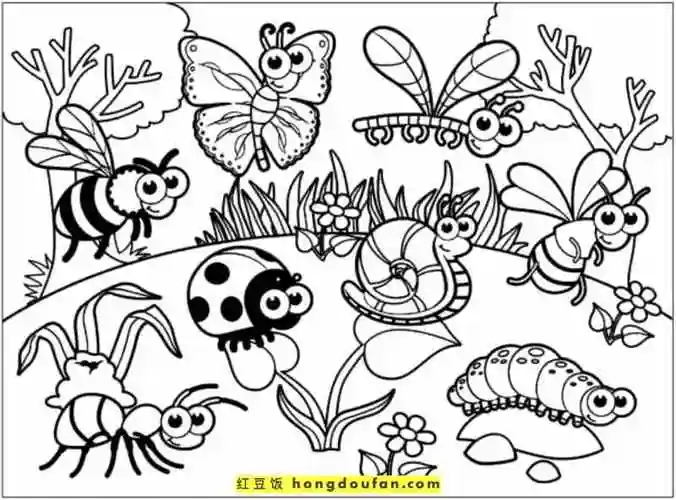 夏天的虫鸣12张有趣的卡通手绘昆虫简笔画蚂蚱螳螂瓢虫蜻蜓蛾子