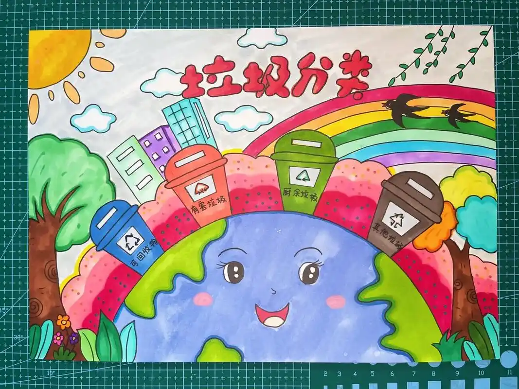 垃圾分类主题画#主题画 #小学生手抄报 #马克笔儿童画 - 抖音