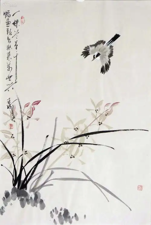 王成工笔花鸟(四尺三开)《一株兰草千幅画,飞鸟独来万事兴.