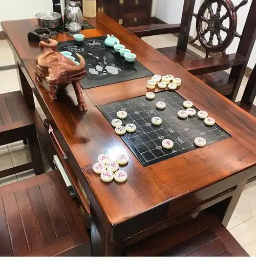 老船木禅意棋盘桌椅组合实木茶桌茶具套装一体长板实木茶台几办公 1米