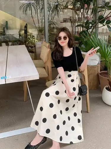 提前加购 4月19号10点上新方领短袖上衣波点半身裙套装t4302