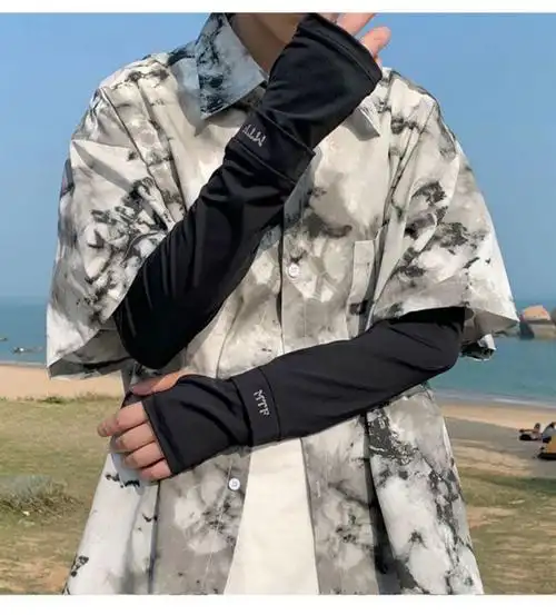 夏季遮阳袖套男士冰丝袖套户外新款潮薄新款护臂网红手袖黑色冰丝防晒