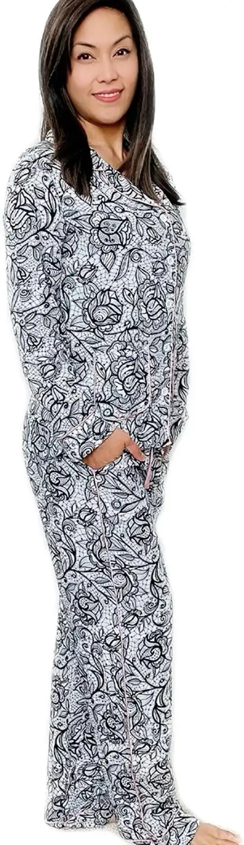 anokii co 女士娇小睡衣套装 柔软优质长袖纽扣和抽绳睡裤