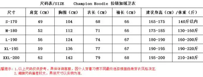 海淘冠军卫衣尺码怎么选择?海淘冠军卫衣尺码对照表