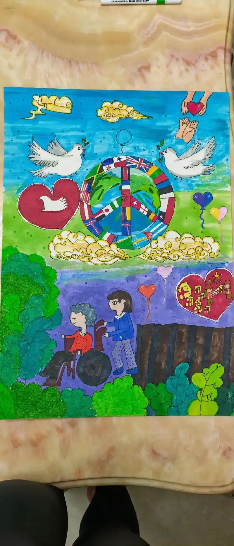 慈善先锋主题世界和平 #国庆节绘画 #爱画画的小朋友 #每 - 抖音