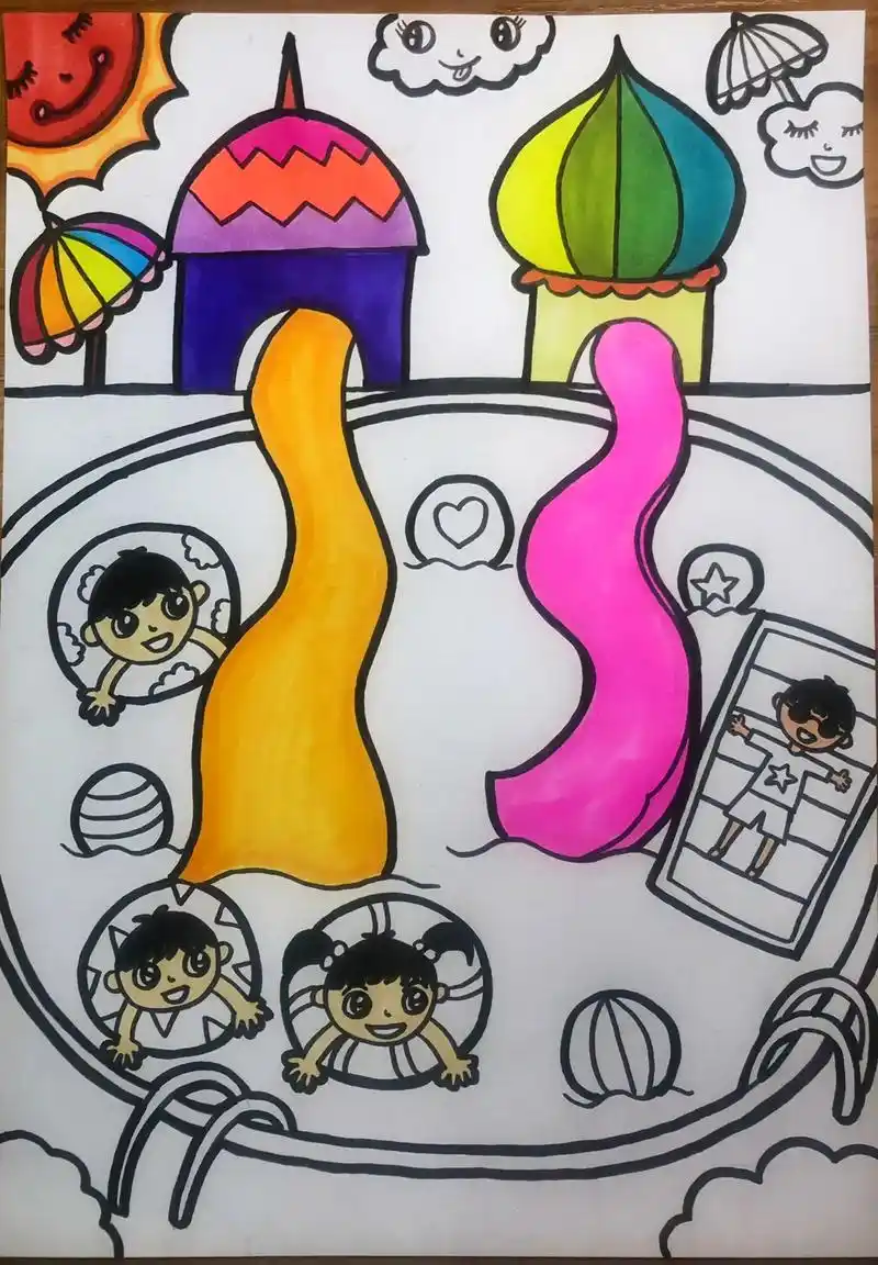 手绘 #一起学画画 #马克笔手绘 #水上乐园儿童画  马克 - 抖音