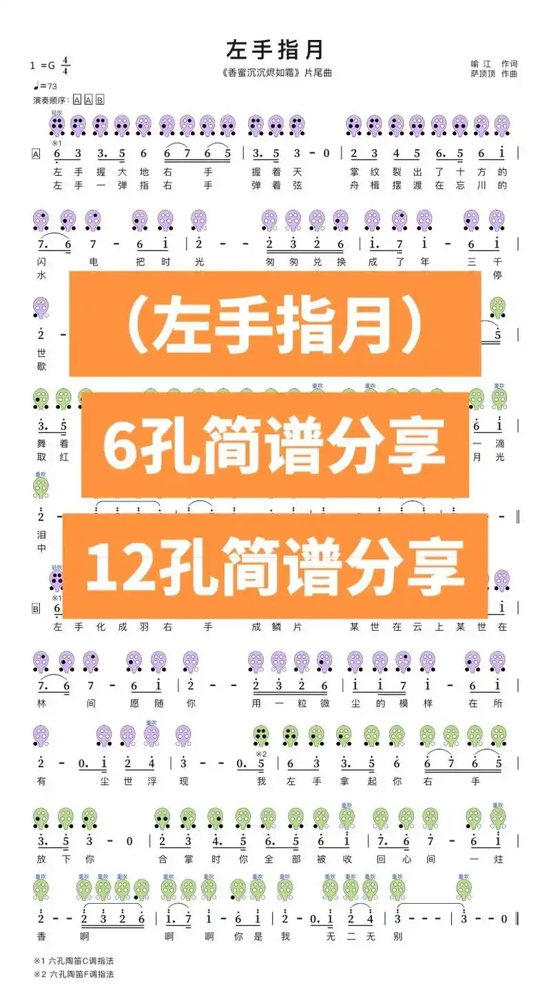 「左手指月」6孔12孔陶笛简谱分享.#陶笛 #简谱 #萨顶顶 - 抖音