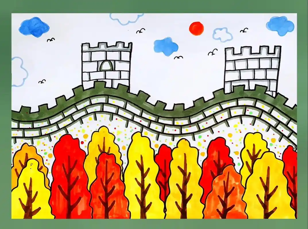 长城简笔画 #儿童画 #秋天的画儿童画 秋日风景创意儿童画,秋天,落叶