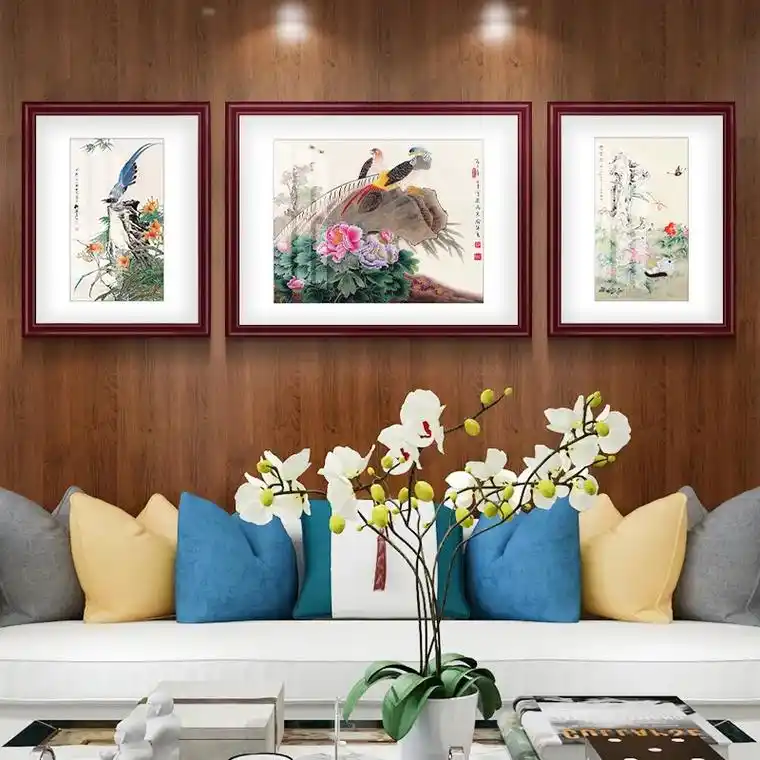 客厅装饰画新中式沙发背景墙挂画三联餐厅壁画国画齐白石水墨画