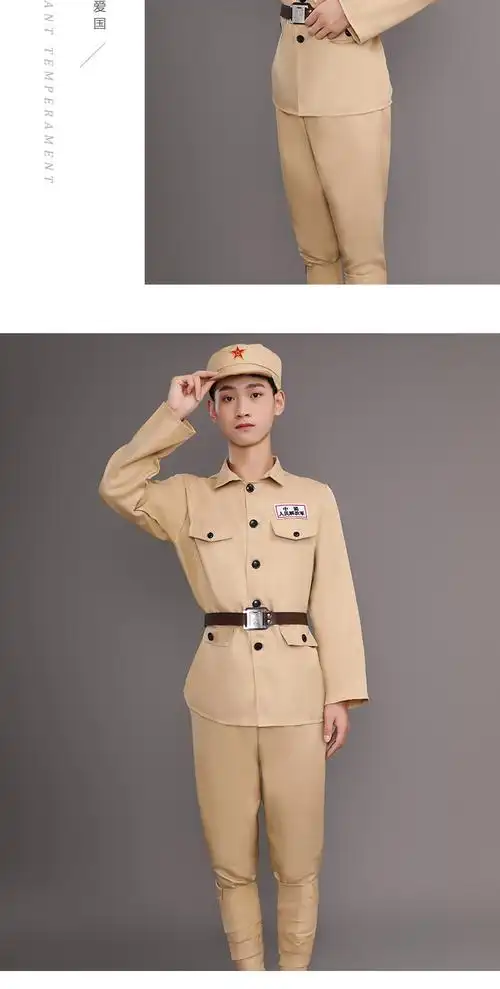 抗美援朝志愿军服装解放衣服土黄色双排扣列宁装棉麻老式军装套装