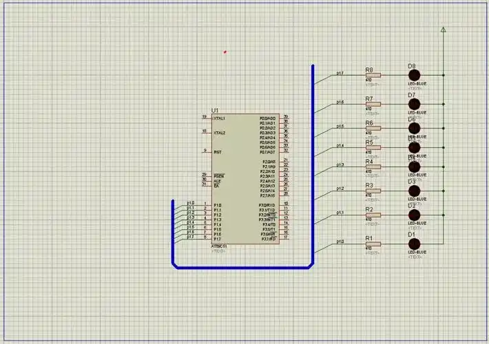 流水灯程序及proteus仿真图8个led灯从两边流向中间