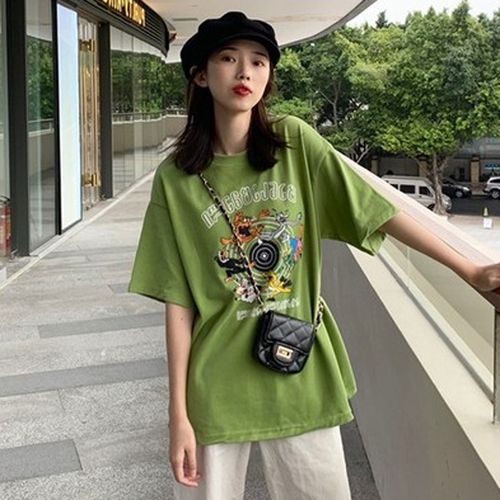 超火cec短袖宽松牛油果芥末抹茶绿泫雅风上衣古着感少女t恤港味