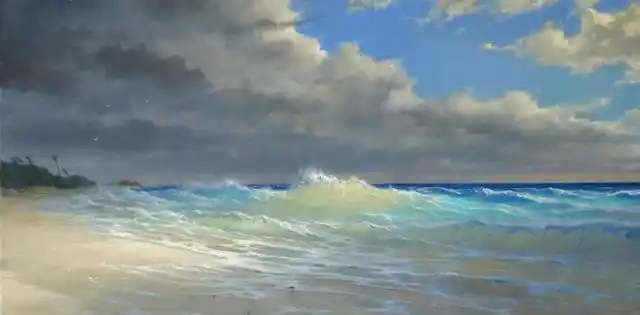 油画中的大海,那可是相当的美