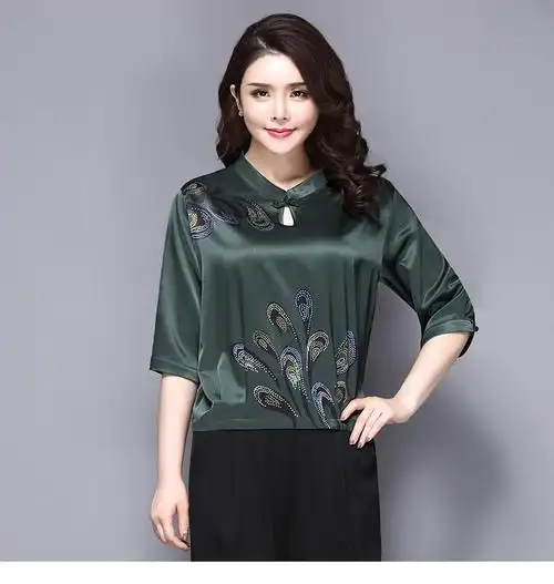 宽松 七分袖_中老年女装2017夏装新款桑蚕丝妈妈装大码短袖真丝上衣女