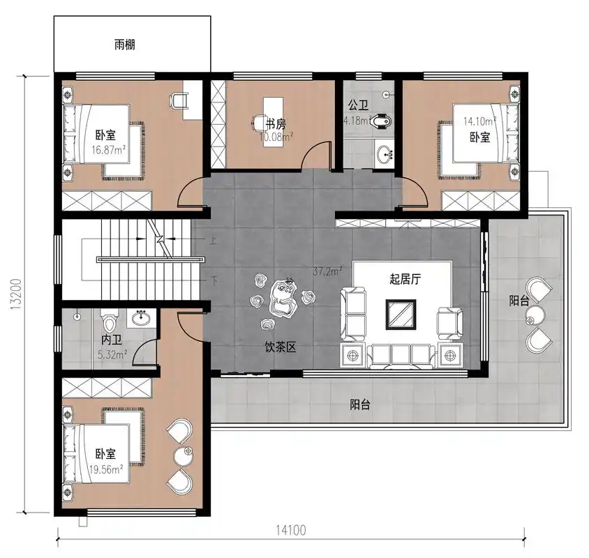 开间14米进深13米现代风格二层农村自建别墅设计图纸及效果图大全