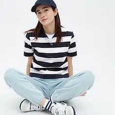 uniqlo 优衣库 女装 休闲条纹短polo衫(高腰短款 短袖) 456012