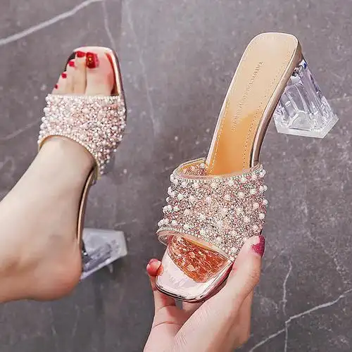 拖鞋水钻珍珠亮片女外穿凉水晶粗跟凉鞋高跟鞋一字拖