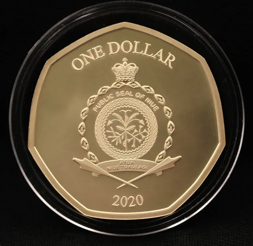 背面的最上方为纪念币的面值: one dollar(1元), 中间则是纽埃国家的