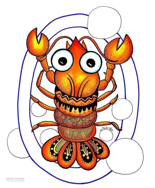 儿童画教程|色彩对比与线描装饰《一盘香喷喷的大龙虾》