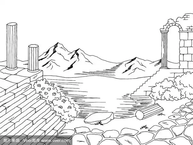 废墟景观图形黑白草图插图矢量