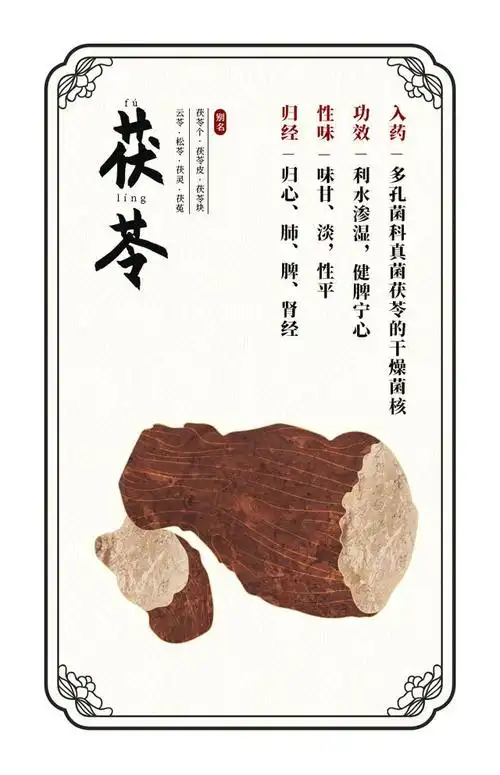 科真菌茯苓的干燥菌核 性味:味甘,淡,性平 归经:归心,肺,脾,肾经 功效