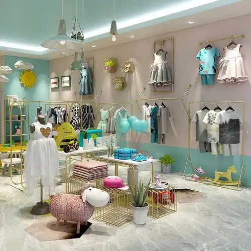 童装店展示架落地式货架上墙壁挂式儿童服装店装修效果图设计装饰