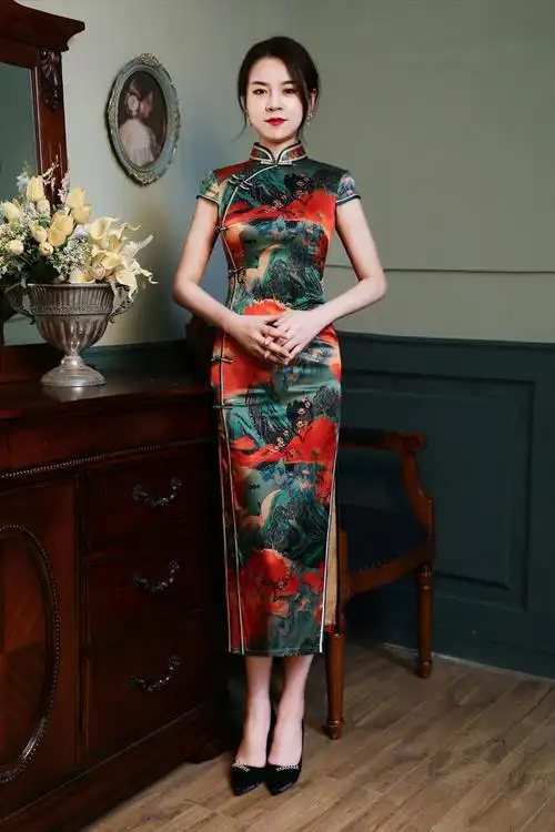 深衣霓尚真丝旗袍2022新款长款日常宴会演出走秀桑蚕丝礼服年轻款