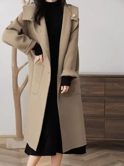 2023新款秋冬季双面羊毛大衣女士连帽中长款羊毛呢韩版带兜外套