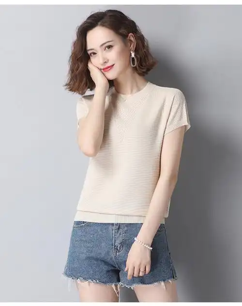 高领短袖女中年人妈妈冰丝t恤装2022夏装薄款中年针织衫夏季半上衣
