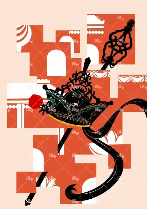 皮影传统剧目西游记中提取的角色头茬,道具,将这些元素与构成手段结合