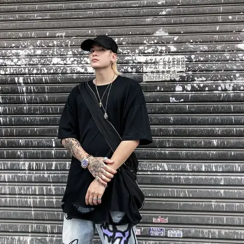 高街破洞短袖t恤oversize纯棉内搭叠穿打底衫下摆破坏乞丐风上衣