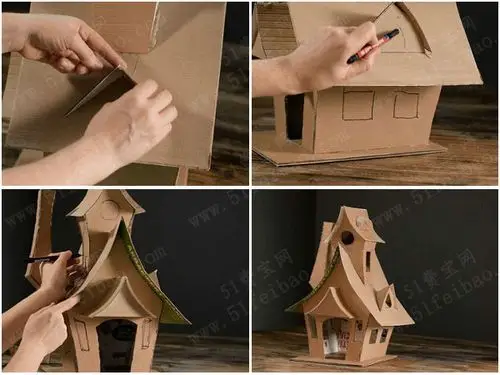 使用废旧纸箱diy西式纸板屋别墅教学 - 废物利用手工diy小制作 - 51费