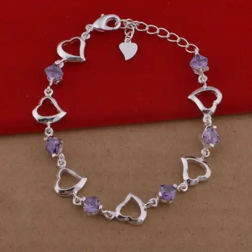 外贸首饰批发 镀925纯银手链 欧美时尚 爱心紫水晶手链 大量现货