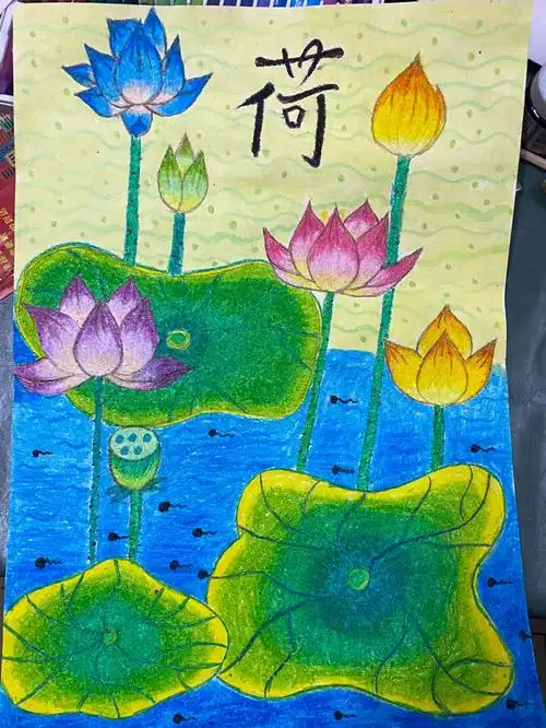 荷花夏天油画棒儿童画