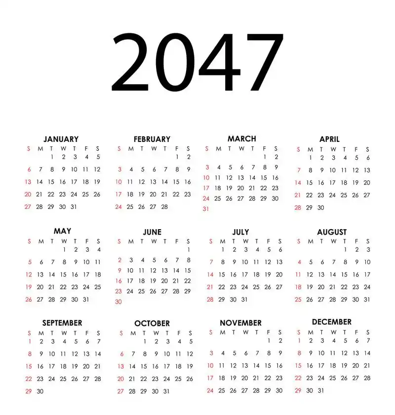 日历 2047,与所有月份 2047年简单矢量日历