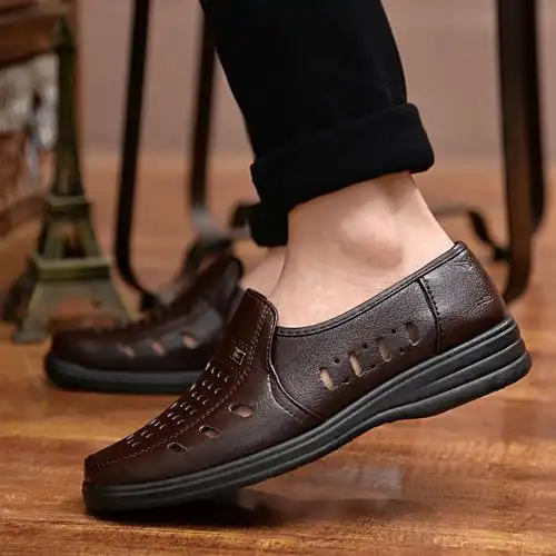 夏季新款凉鞋男透气软底镂空男士休闲皮鞋洞洞鞋中老年爸爸凉皮鞋吉诺