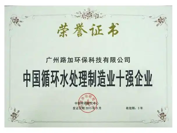 循环水处理制造业十强企业证书