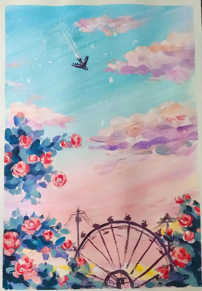 水粉画摩天轮的天空分享附细节和步骤