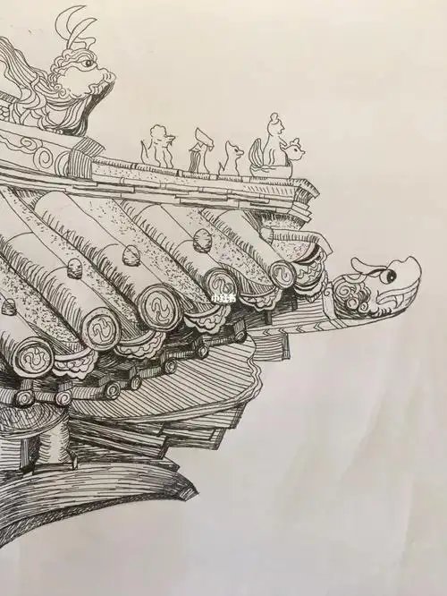 故宫屋檐钢笔画