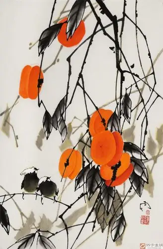 苗雨 四尺三开国画柿子《事事如意》 - 柿柿如意 - 99字画网