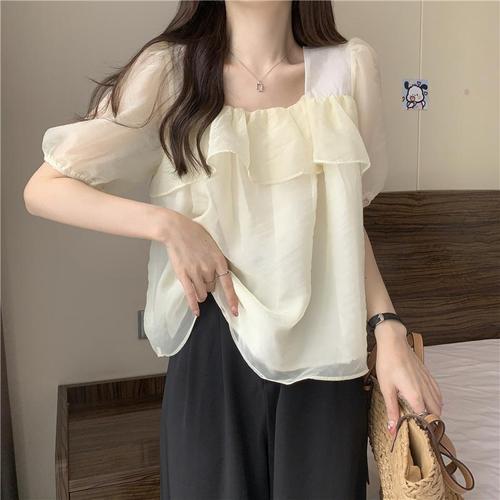 茵橦夏季新款荷叶边短袖衬衫大码甜美方领荷叶边衬衫女夏2022新款胖mm