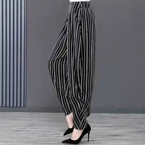 条纹灯笼裤女夏季中老年女士高腰休闲裤子广场舞大码显瘦哈伦裤