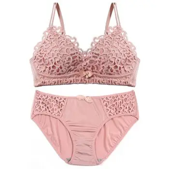 聚拢收副乳小胸性感无钢圈内衣女套装纯色刺绣三角杯胸罩 粉色套装