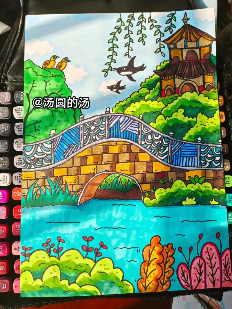 钱塘江春行,白居易.古诗绘画,儿童插图#马克笔手绘 - 抖音